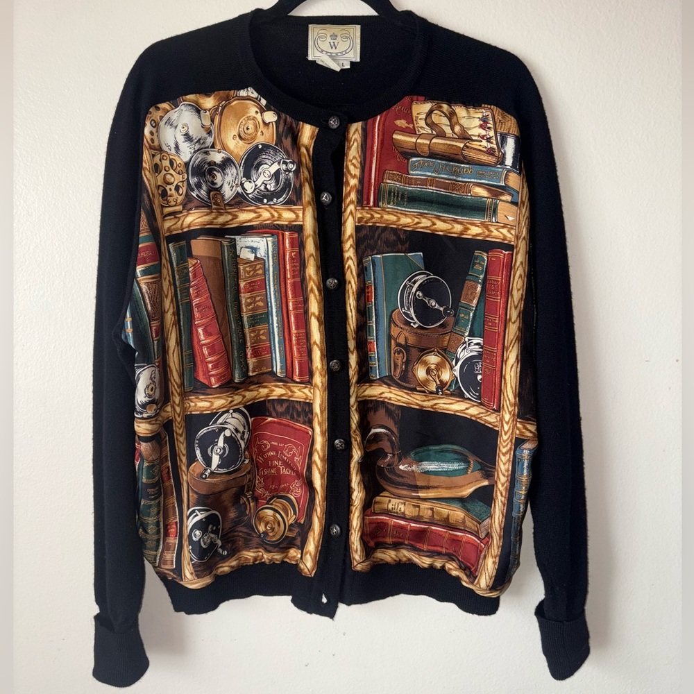 Vintage Wathne Fishing Tackle And Books 100% Silk & Wool Cardigan Size Large